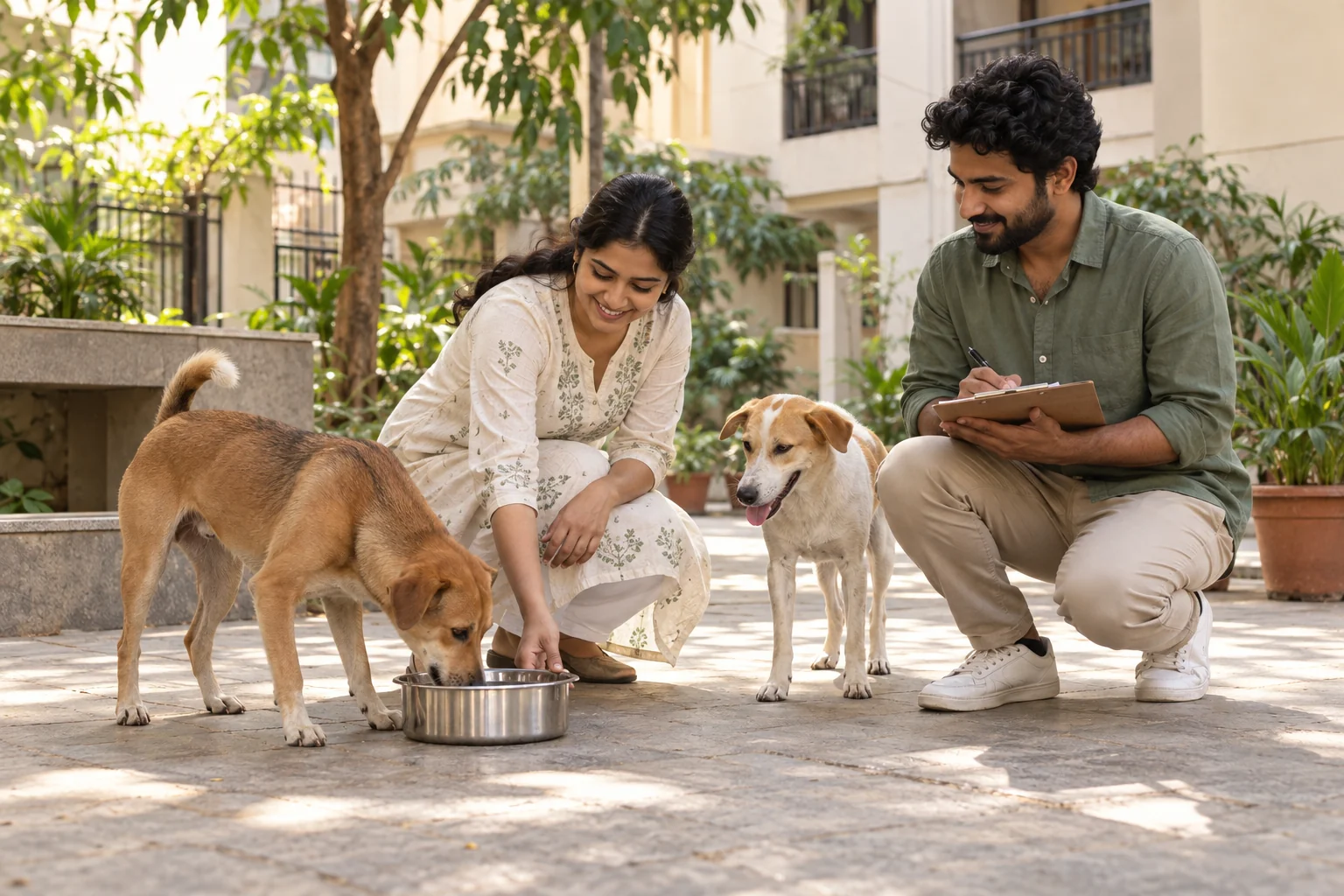 Indian neighbourhood volunteers providing water and organised care for community dogs