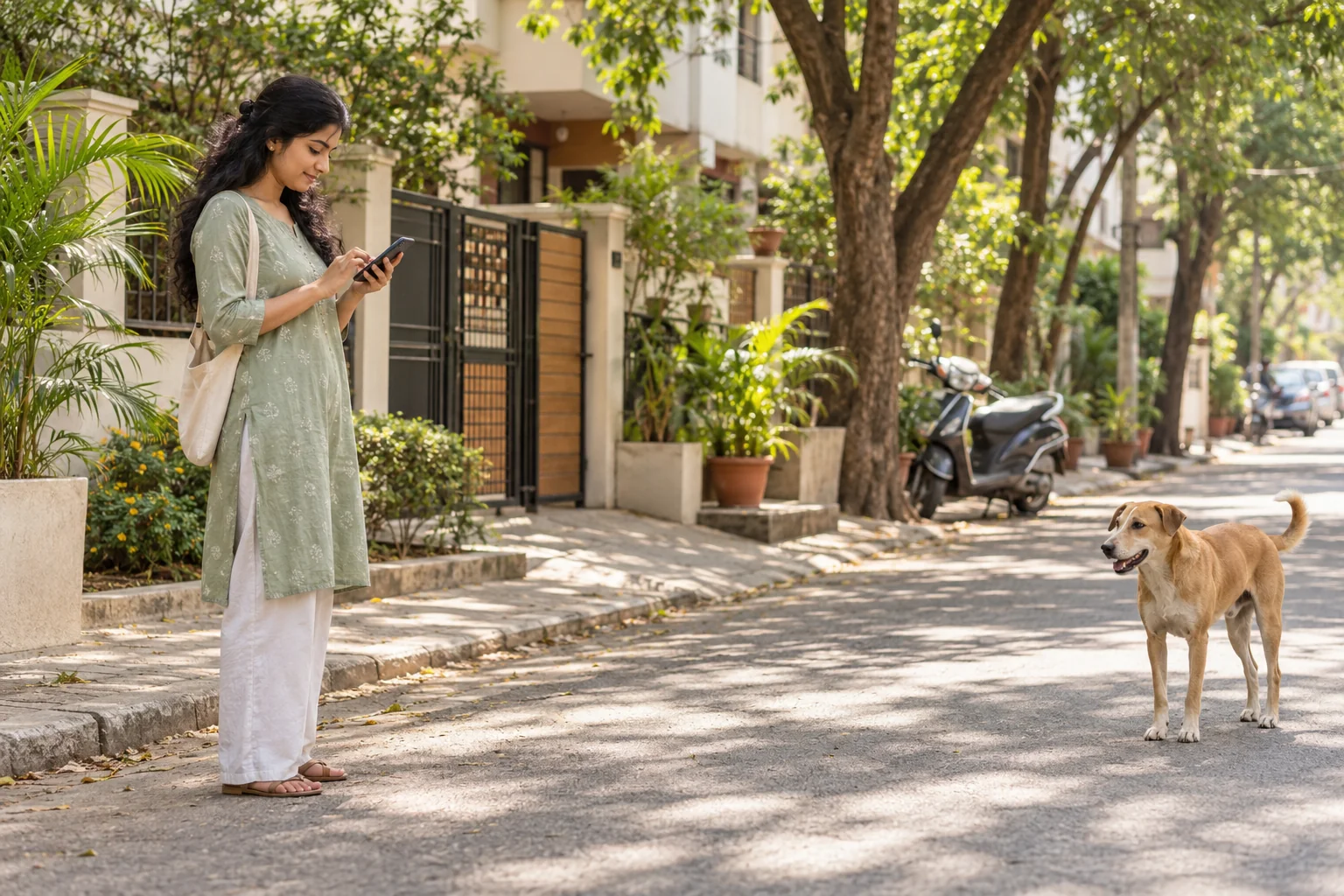 An Indian resident recording a neighbourhood concern on her smartphone while giving a community dog space
