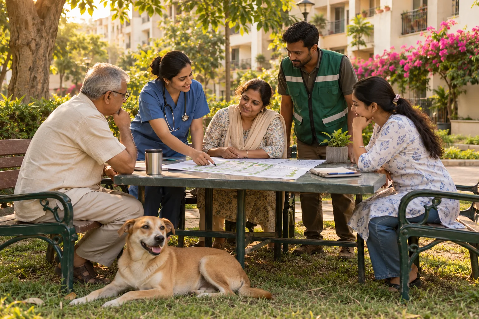 Indian residents, a veterinarian, and a municipal field worker discussing a neighbourhood map in a housing society garden