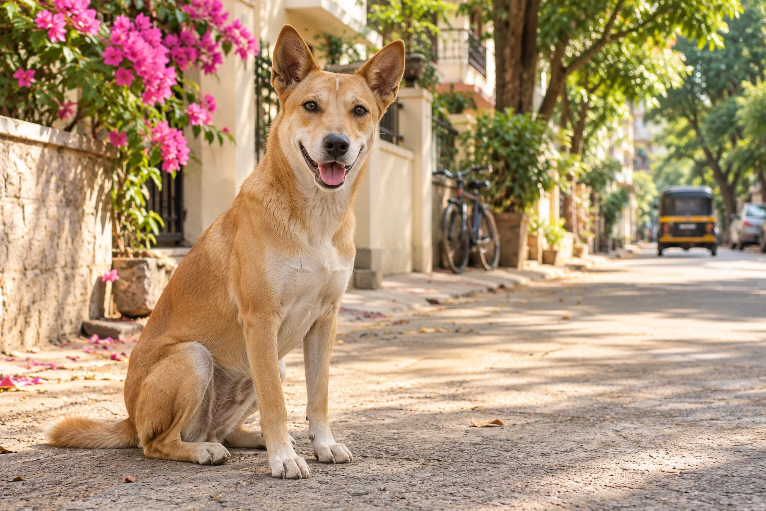 A tan Indian community dog sitting on a leafy residential lane with bougainvillea and an auto-rickshaw in the background