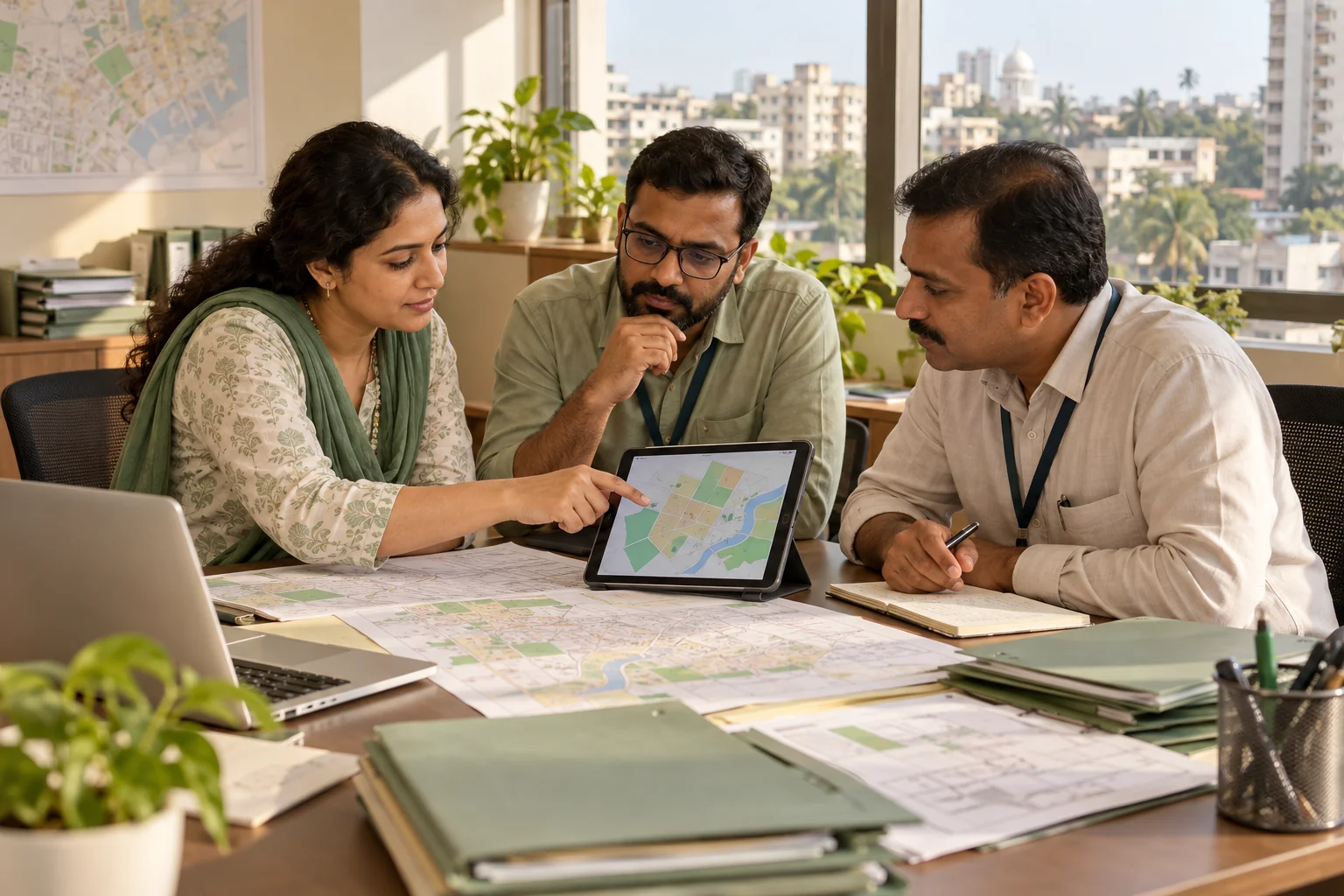 Indian municipal coordinators reviewing a tablet and street maps in a ward office
